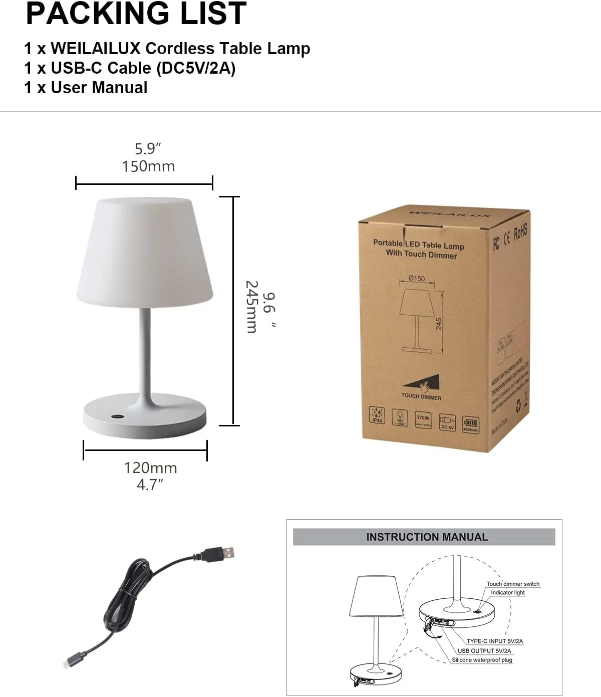 Outdoor Battery Operated Table Lamp Waterproof, 4000mAh Cordless Table Lamp Rechargeable, Touch Dimmable Desk Lamp, LED Night Light for Patio Camping Restaurant Home, H9.6in, White