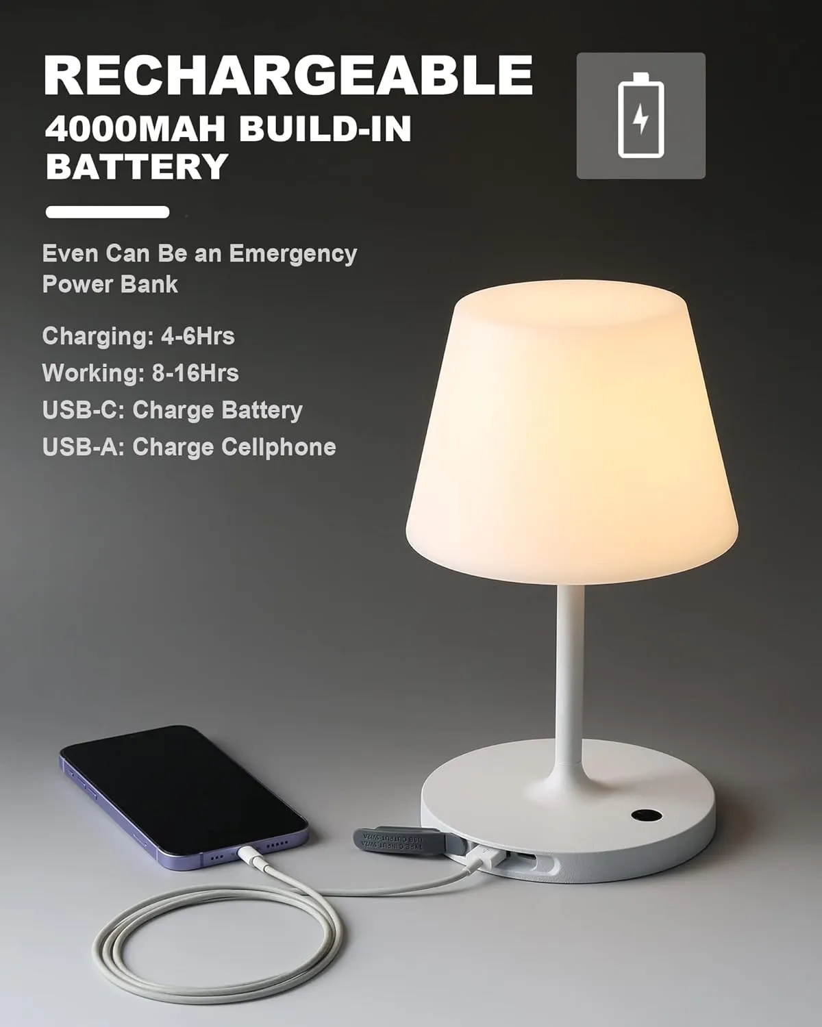 Outdoor Battery Operated Table Lamp Waterproof, 4000mAh Cordless Table Lamp Rechargeable, Touch Dimmable Desk Lamp, LED Night Light for Patio Camping Restaurant Home, H9.6in, White