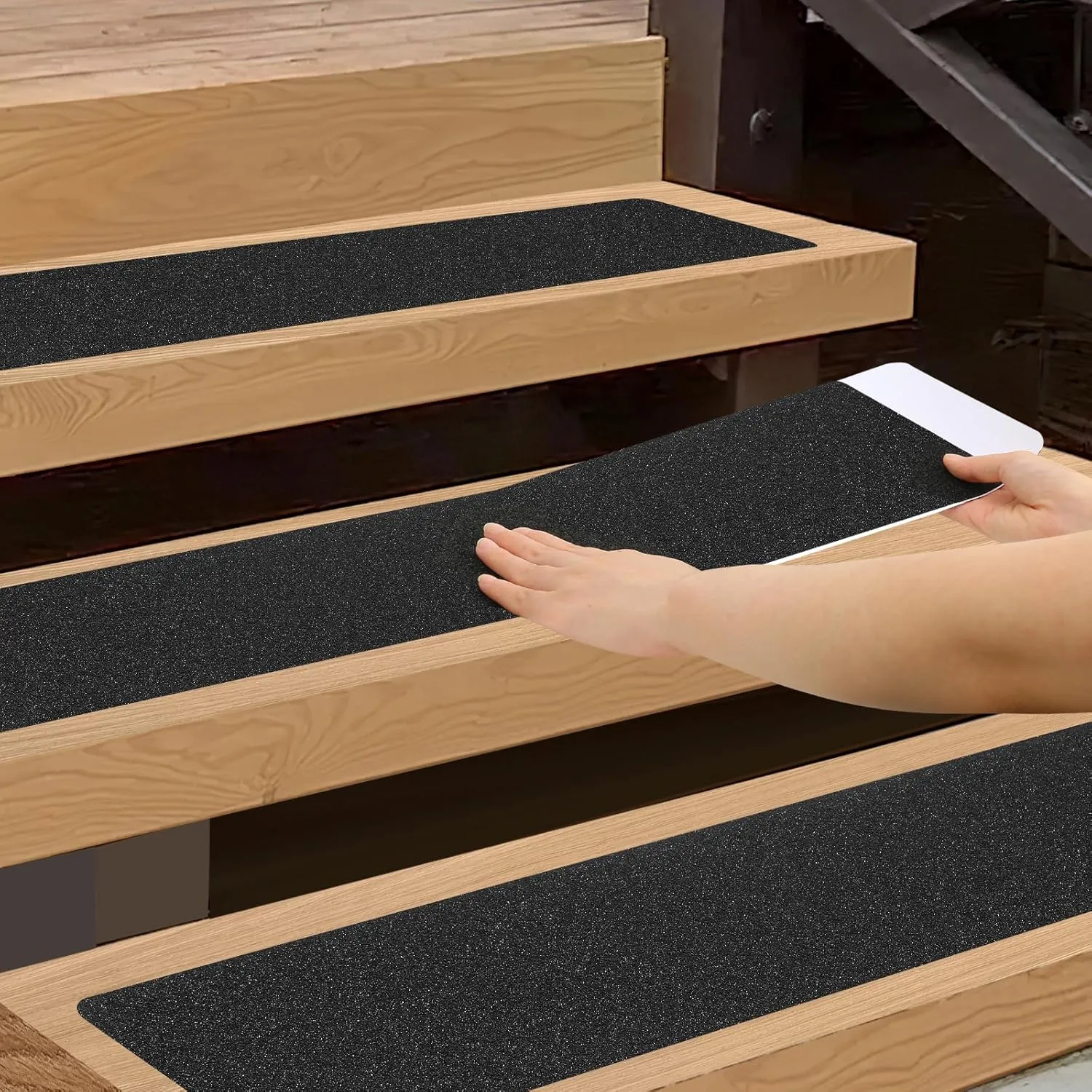 Outdoor Stair Treads Non-Slip Step Strips for Wooden Steps 5 Pack 8” x 30” Anti Slip Grip Tape Precut for Outside Stairs, Non Skid Stair Tread Mats Weather Resistant for Outdoors, Black