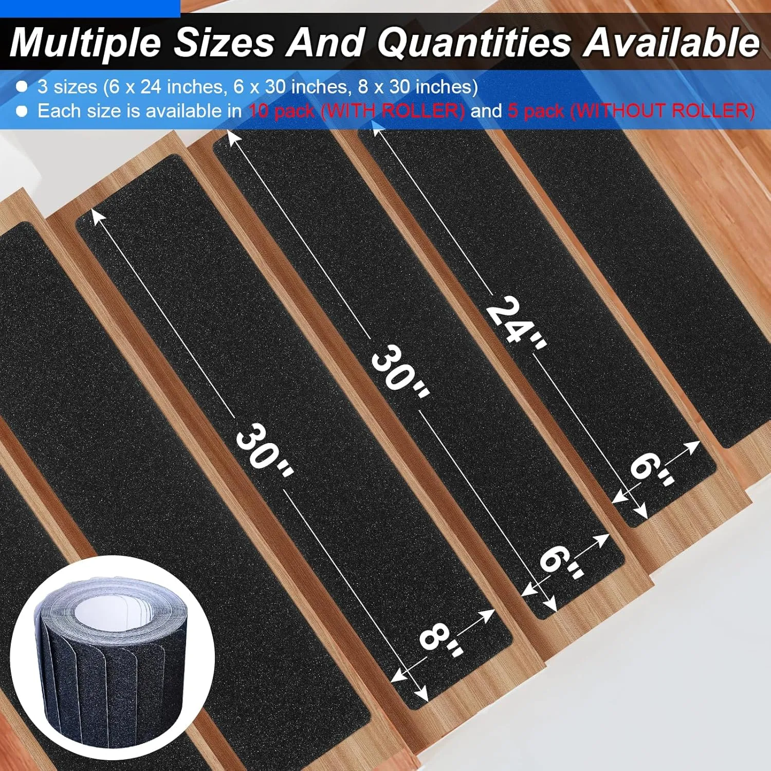 Outdoor Stair Treads Non-Slip Step Strips for Wooden Steps 5 Pack 8” x 30” Anti Slip Grip Tape Precut for Outside Stairs, Non Skid Stair Tread Mats Weather Resistant for Outdoors, Black