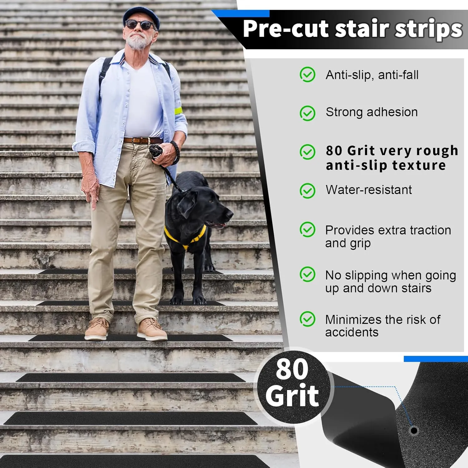 Outdoor Stair Treads Non-Slip Step Strips for Wooden Steps 5 Pack 8” x 30” Anti Slip Grip Tape Precut for Outside Stairs, Non Skid Stair Tread Mats Weather Resistant for Outdoors, Black