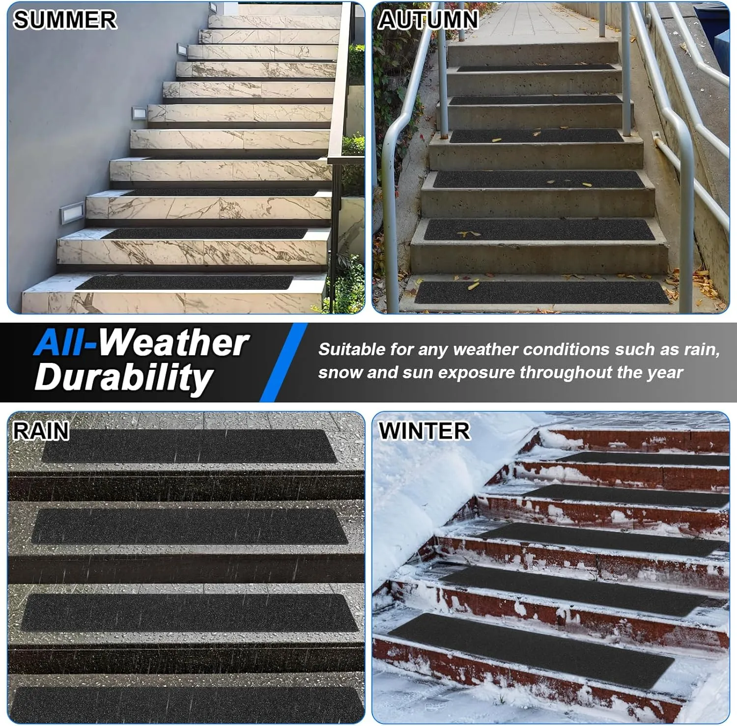 Outdoor Stair Treads Non-Slip Step Strips for Wooden Steps 5 Pack 8” x 30” Anti Slip Grip Tape Precut for Outside Stairs, Non Skid Stair Tread Mats Weather Resistant for Outdoors, Black