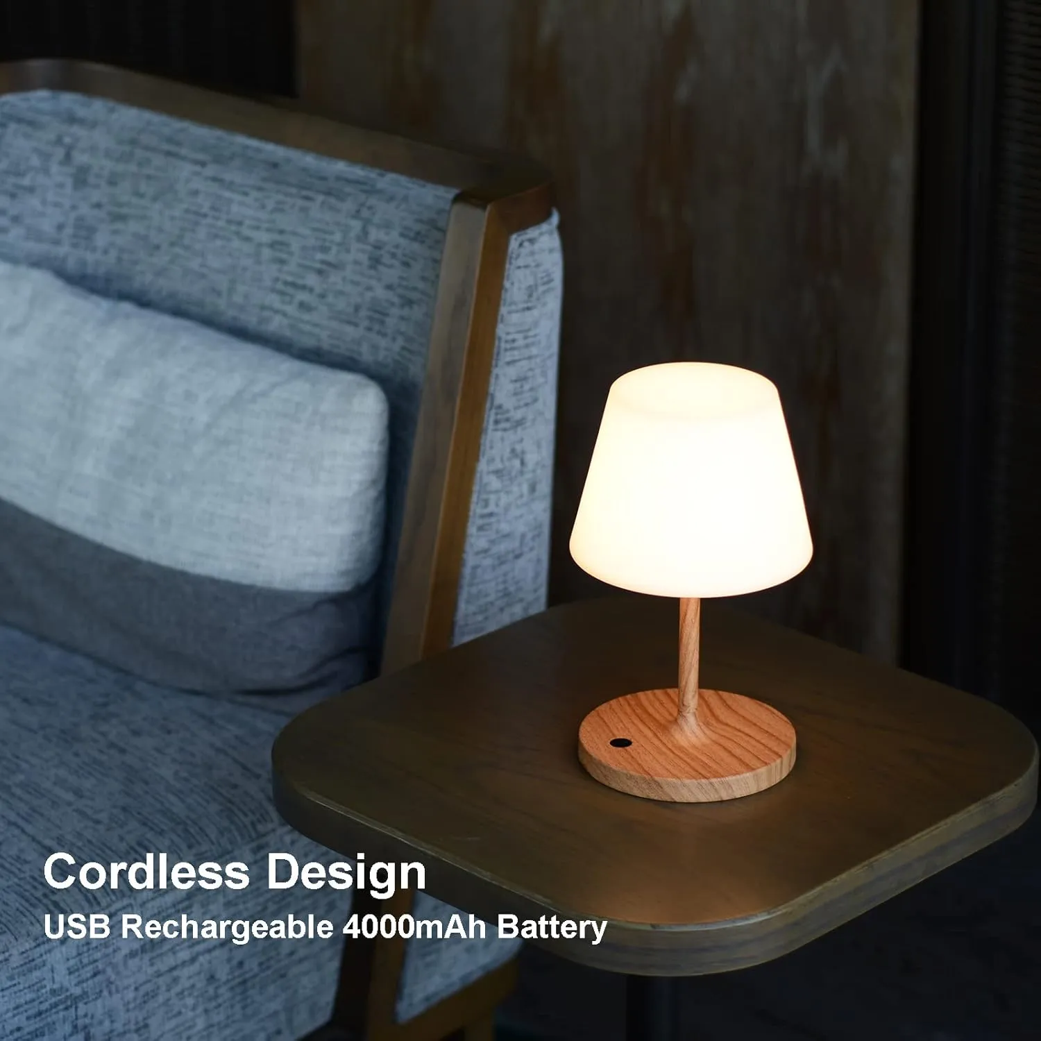 Outdoor Table Lamp/Cordless USB Rechargeable 4000mAh / 2700K LED/Touch Dimmable/Portable Battery Operated / IP44 Waterproof/PE Shade/Bedroom Dinning Camping Patio (9.6in, Wood Grain)