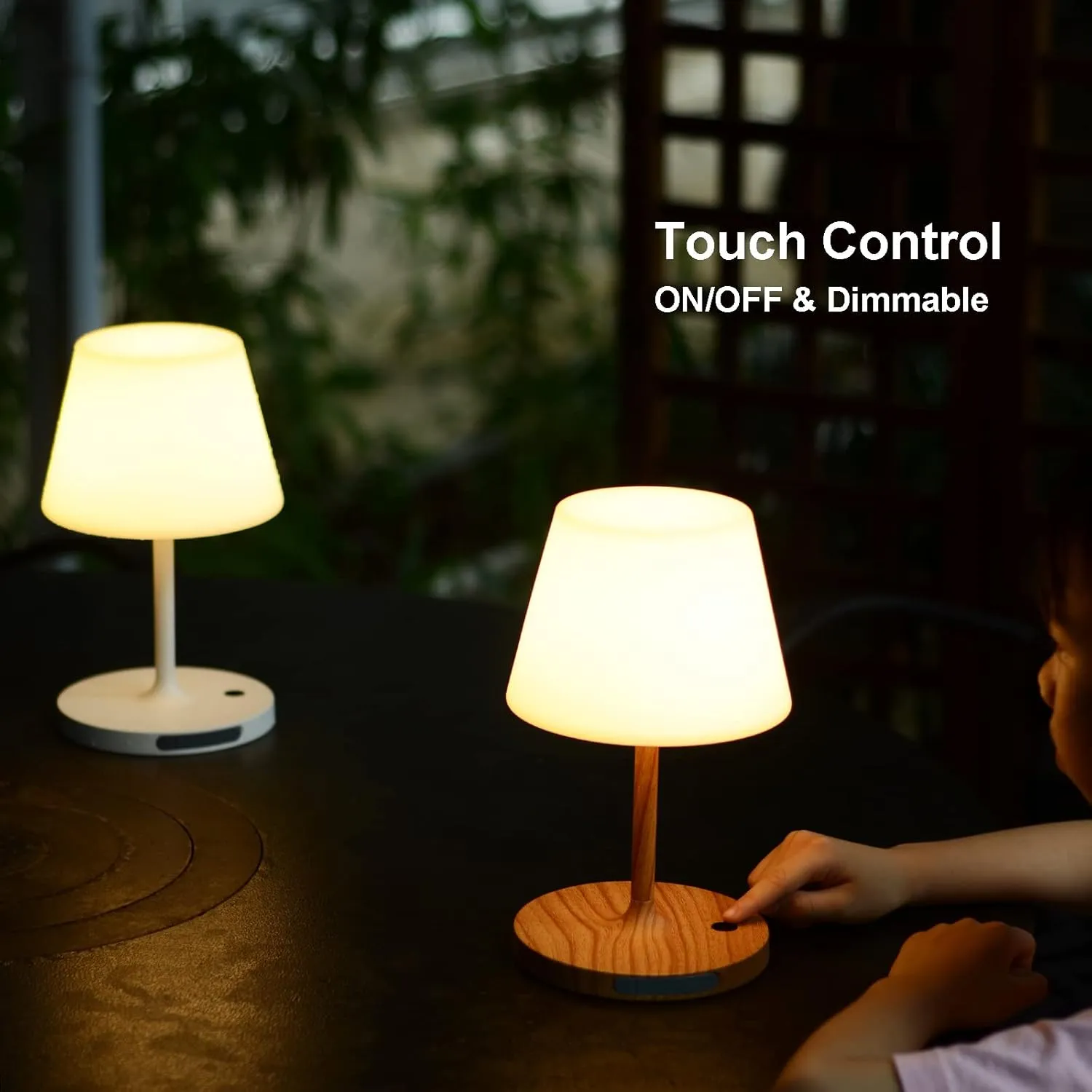 Outdoor Table Lamp/Cordless USB Rechargeable 4000mAh / 2700K LED/Touch Dimmable/Portable Battery Operated / IP44 Waterproof/PE Shade/Bedroom Dinning Camping Patio (9.6in, Wood Grain)