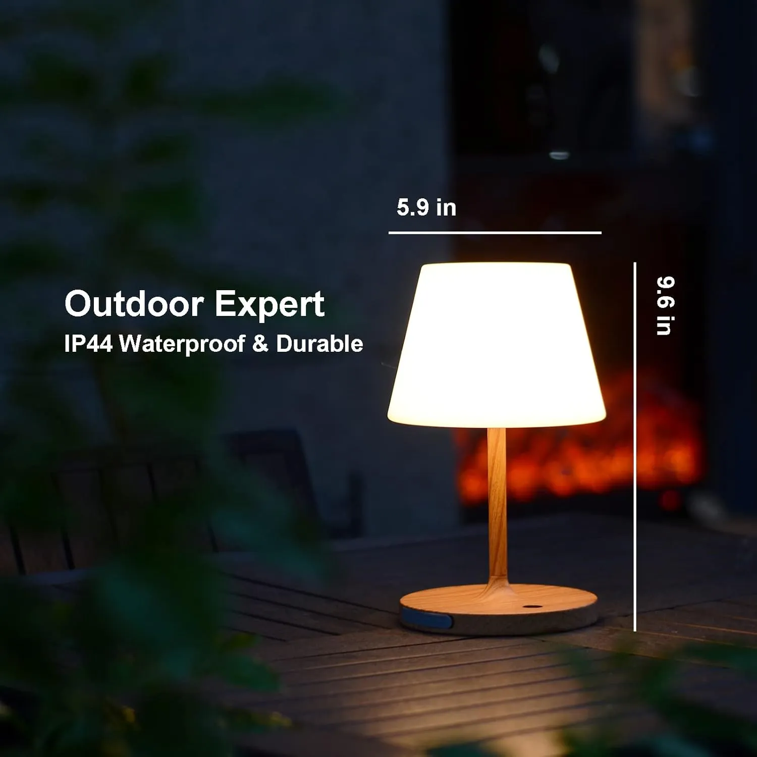 Outdoor Table Lamp/Cordless USB Rechargeable 4000mAh / 2700K LED/Touch Dimmable/Portable Battery Operated / IP44 Waterproof/PE Shade/Bedroom Dinning Camping Patio (9.6in, Wood Grain)