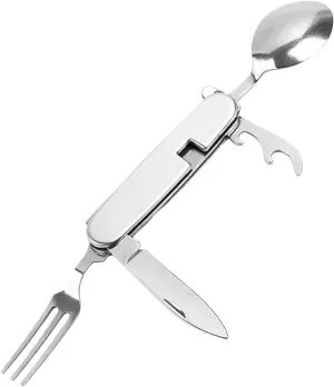 Outdoor Tableware Set Spoon Fork Bottle Opener Stainless Steel 4 in 1 Foldable Camping Cutlery
