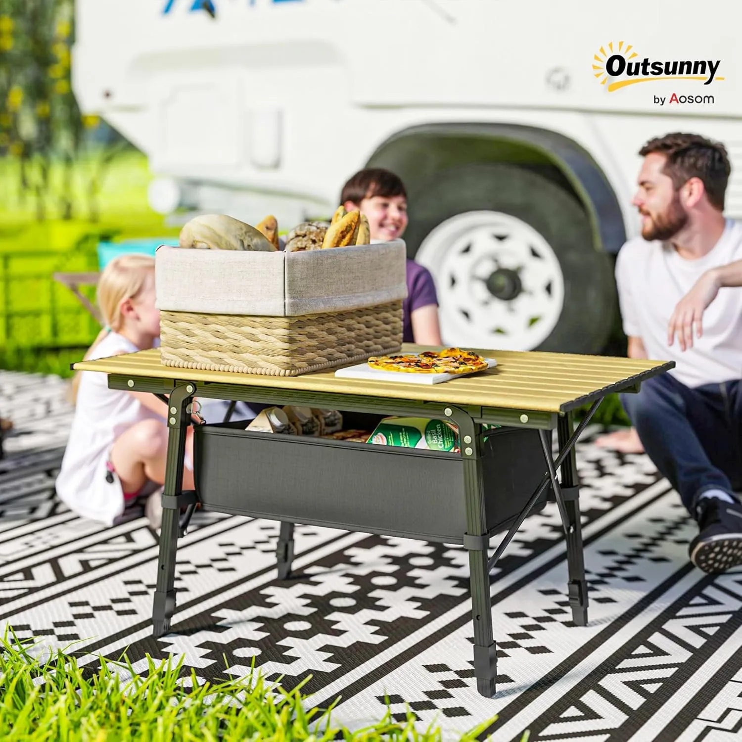 Outsunny 3ft Portable Camping Table with Storage Bag, Adjustable Height Aluminum Small Folding Table, Lightweight Picnic Table with Carry Bag for Outdoor Picnic BBQ Backyards Beach, Brown