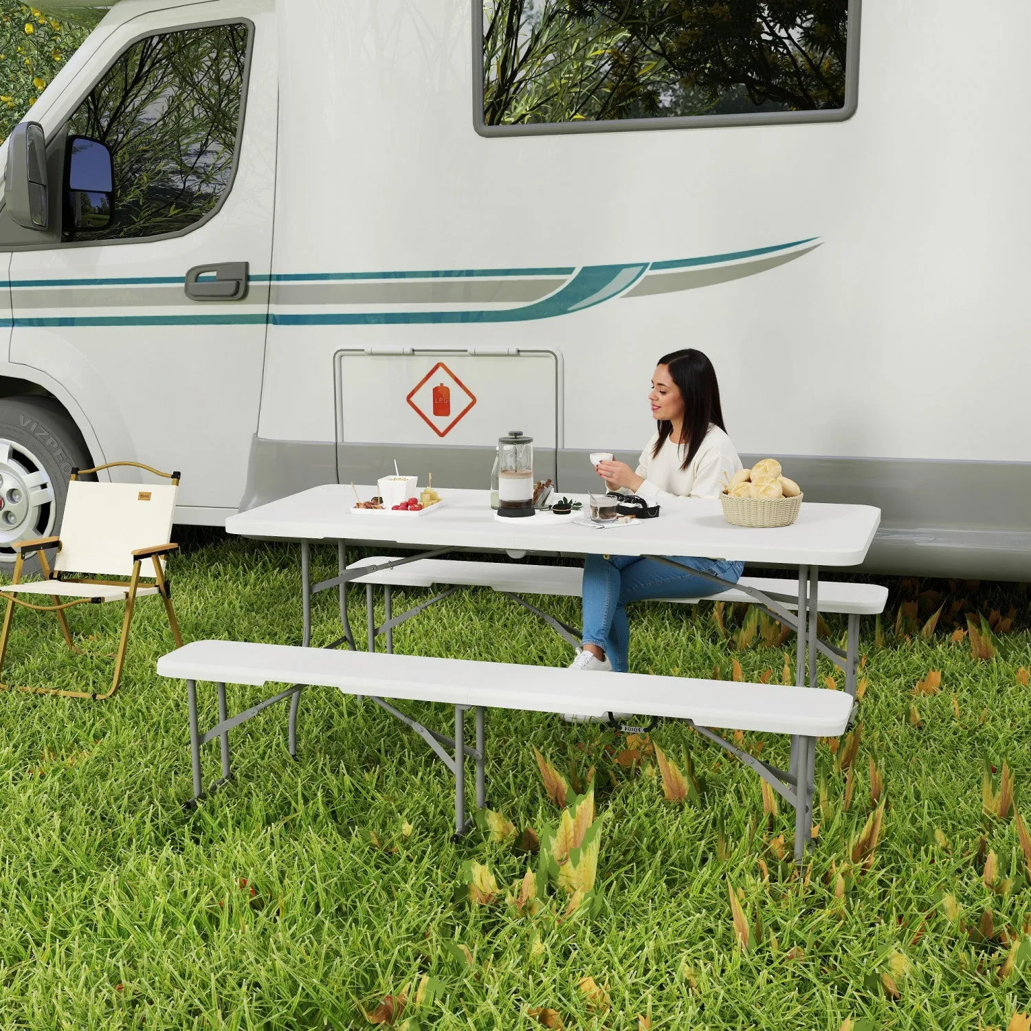 Outsunny 6ft 3-piece Folding Picnic Table With 2 Benches, White