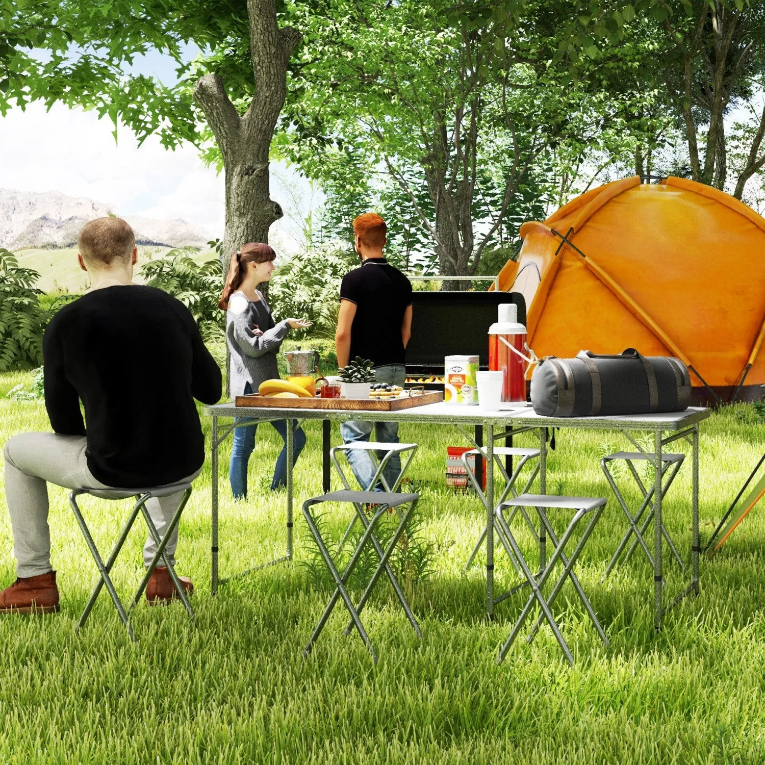 Outsunny Camping Table And Chairs Folding Picnic Table And 6 Stools|Outsunny Table Et Chaises De Camping, Table De Pique-nique Et 6 Tabourets
