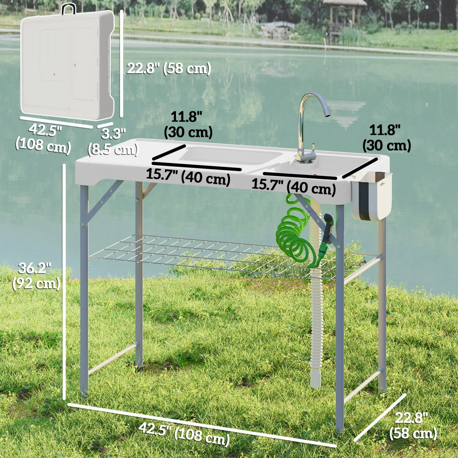 Outsunny Folding Fish Cleaning Table Camping Table With Sinks Faucet, White