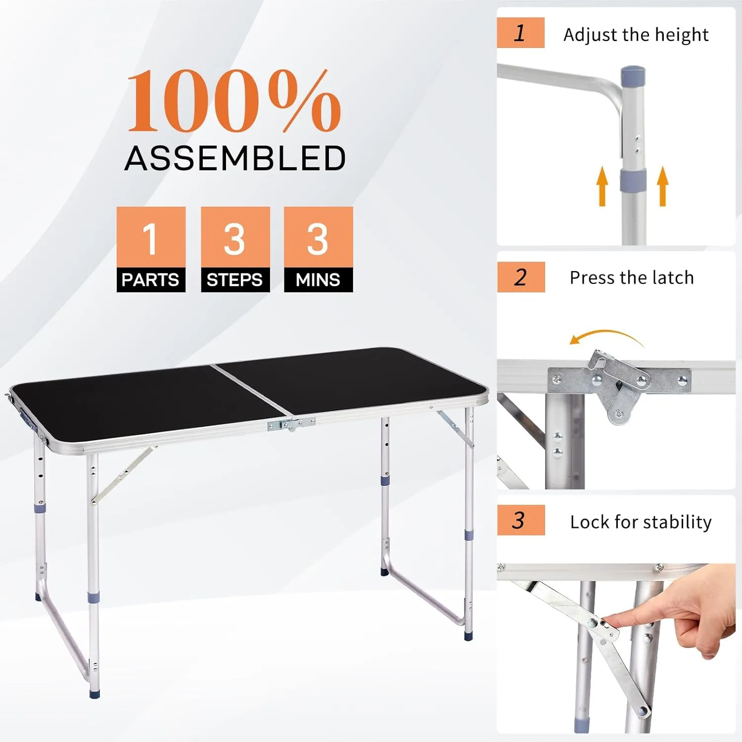 Outvita 4ft Portable Folding Camping Table, Outdoor Waterproof Adjustable Height Table, Aluminum Lightweight Suitcase Foldable Table for Picnic BBQ Beach Dining
