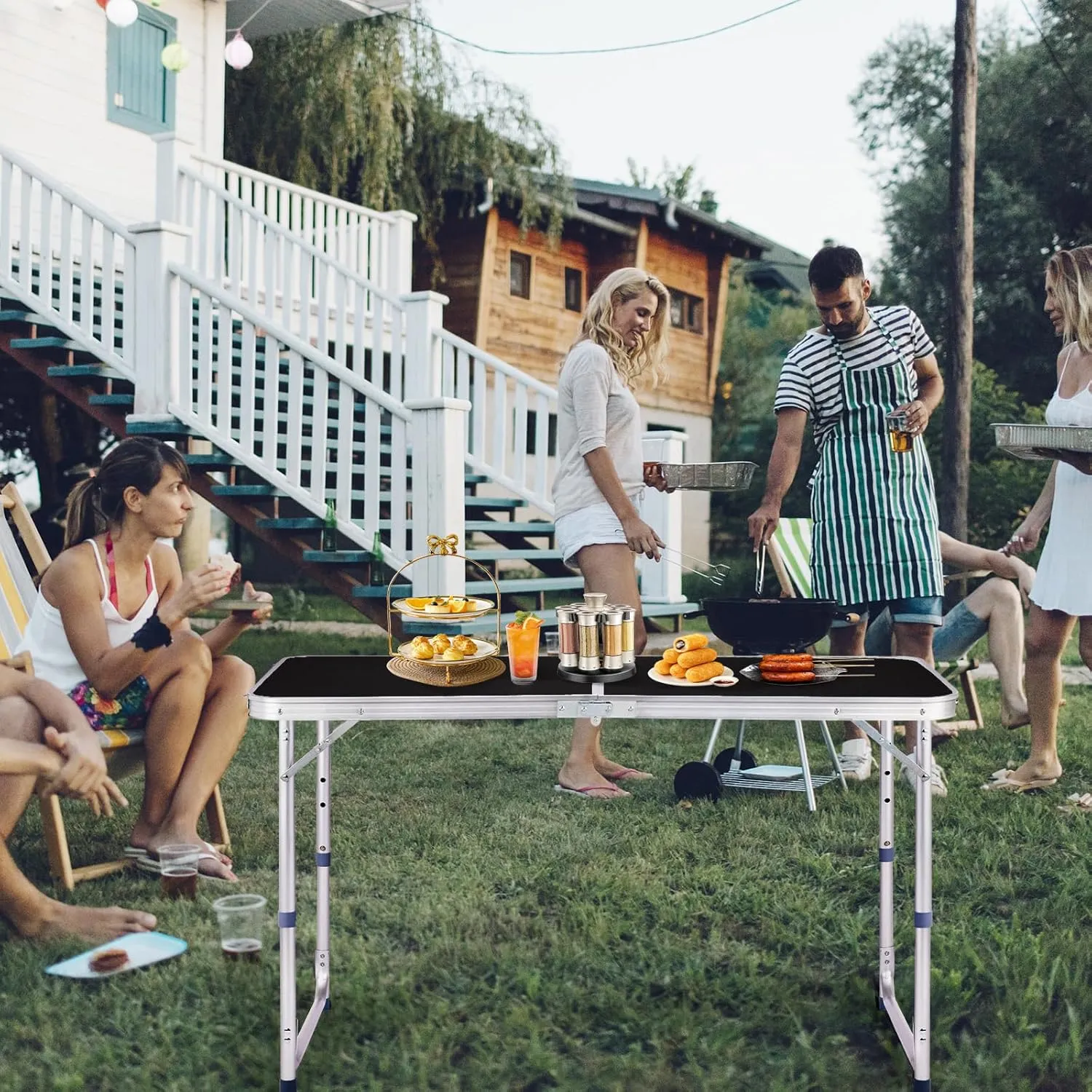 Outvita 4ft Portable Folding Camping Table, Outdoor Waterproof Adjustable Height Table, Aluminum Lightweight Suitcase Foldable Table for Picnic BBQ Beach Dining