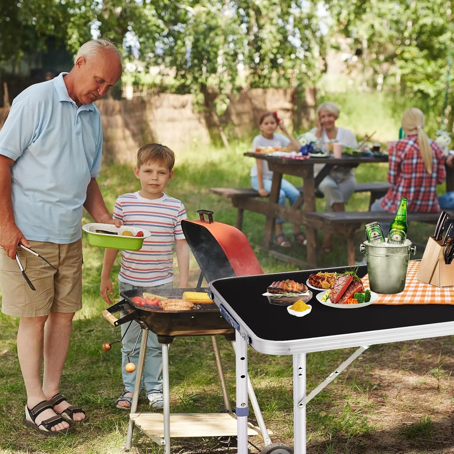 Outvita 4ft Portable Folding Camping Table, Outdoor Waterproof Adjustable Height Table, Aluminum Lightweight Suitcase Foldable Table for Picnic BBQ Beach Dining