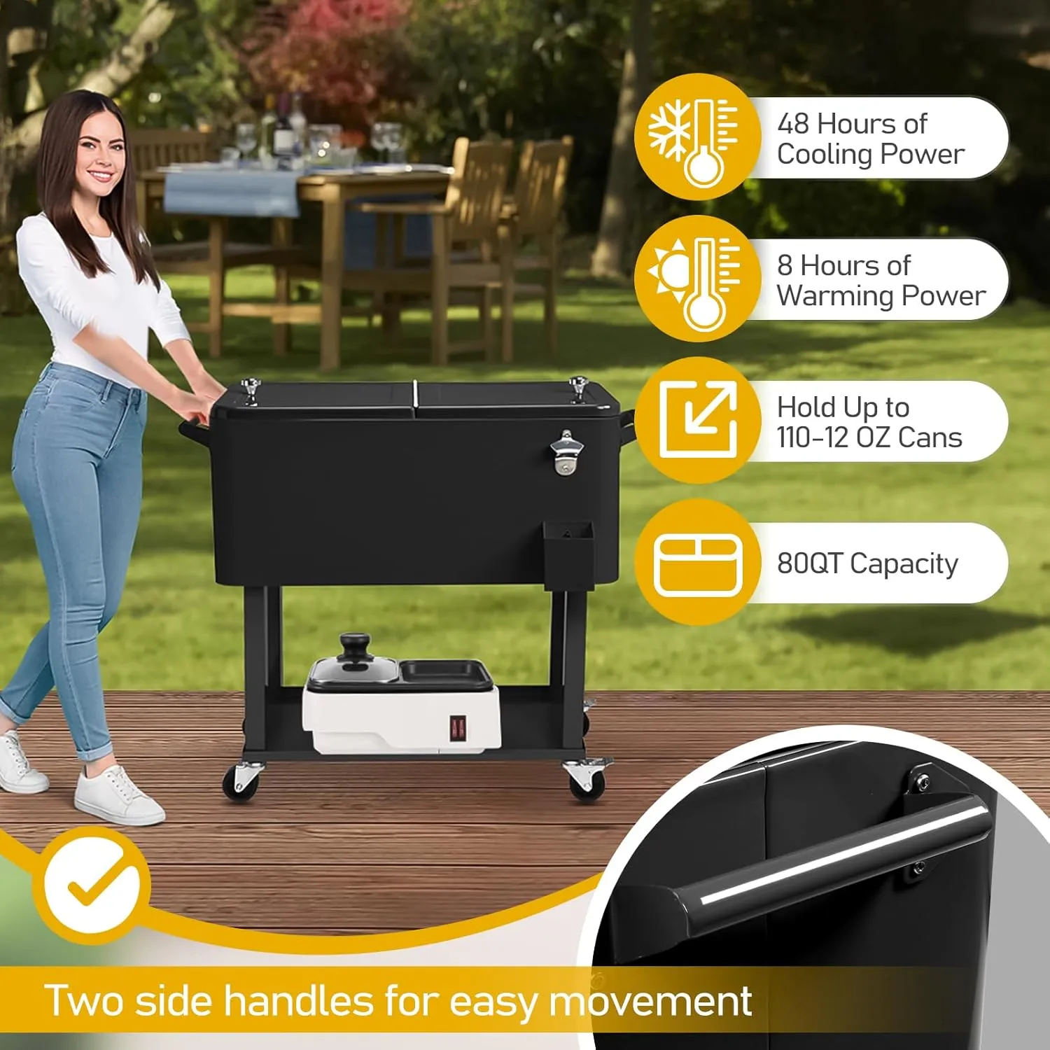 Outvita 80 Quart Rolling Ice Chest, Portable Bar Drink Cooler with Catch Basin, Bottom Storage Tray and Bottle Opener for Patio Party BBQ Beach Activities