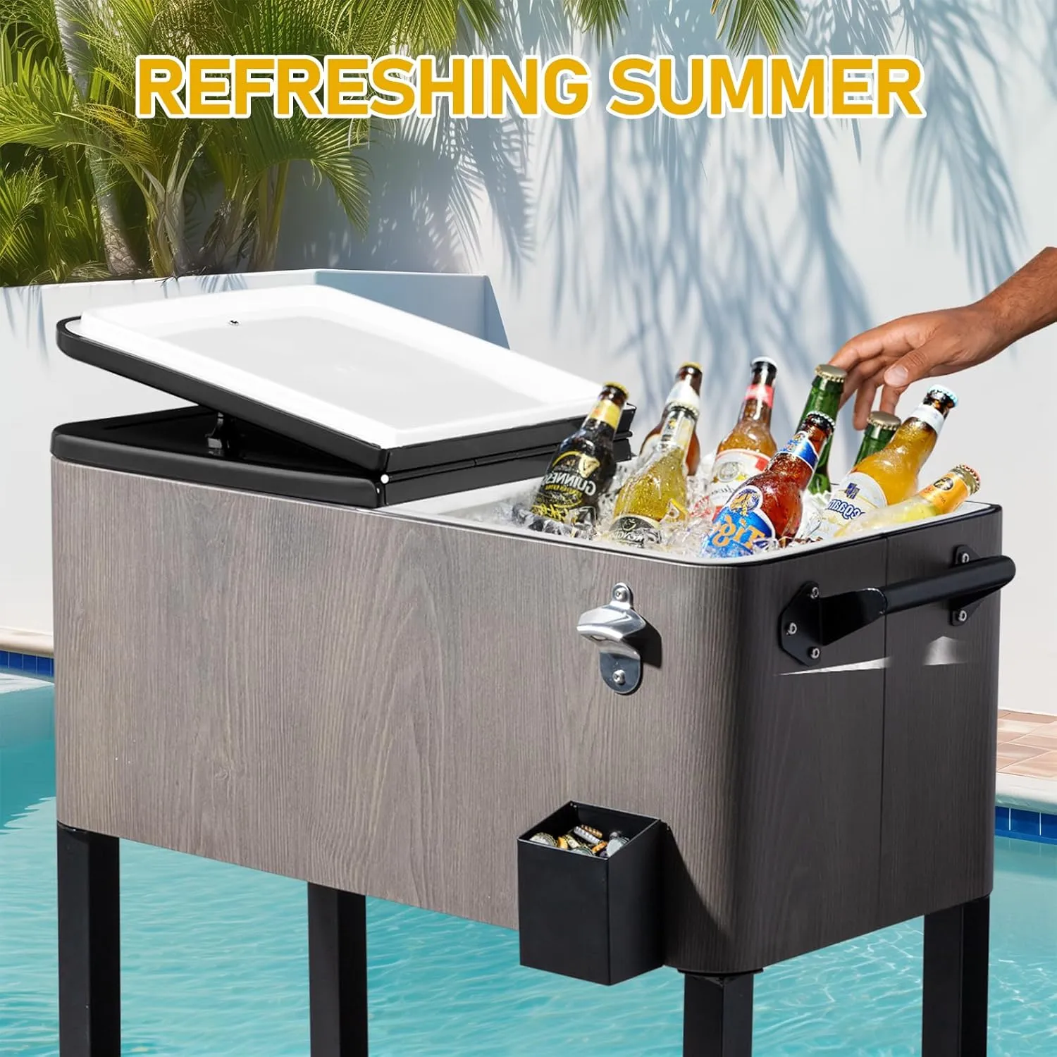Outvita 80 Quart Rolling Ice Chest, Portable Bar Drink Cooler with Catch Basin, Bottom Storage Tray and Bottle Opener for Patio Party BBQ Beach Activities