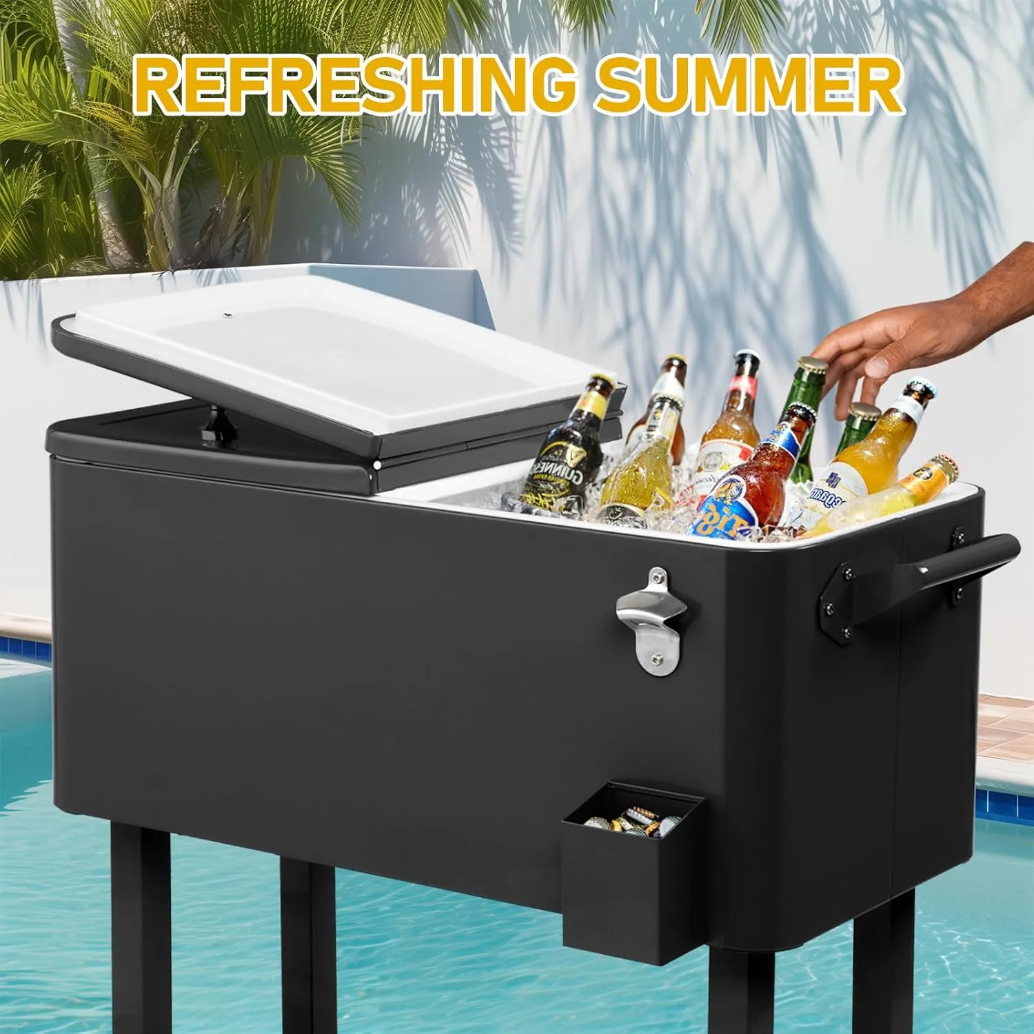 Outvita 80 Quart Rolling Ice Chest, Portable Bar Drink Cooler with Catch Basin, Bottom Storage Tray and Bottle Opener for Patio Party BBQ Beach Activities