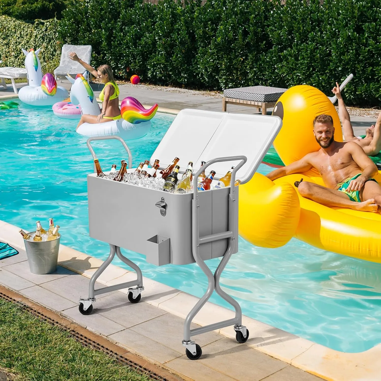 Outvita 80 Quart Rolling Ice Chest, Portable Bar Drink Cooler with Catch Basin, Bottom Storage Tray and Bottle Opener for Patio Party BBQ Beach Activities