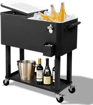 Outvita 80 Quart Rolling Ice Chest, Portable Bar Drink Cooler with Catch Basin, Bottom Storage Tray and Bottle Opener for Patio Party BBQ Beach Activities