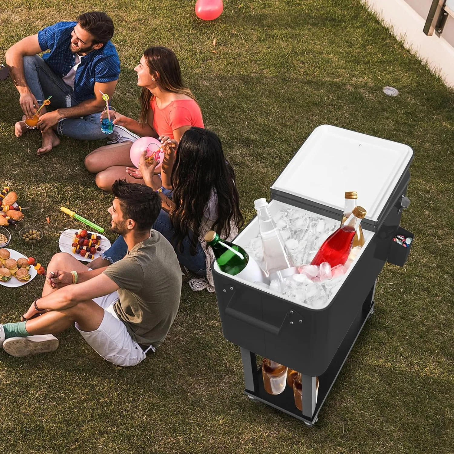 Outvita 80 Quart Rolling Ice Chest, Portable Bar Drink Cooler with Catch Basin, Bottom Storage Tray and Bottle Opener for Patio Party BBQ Beach Activities