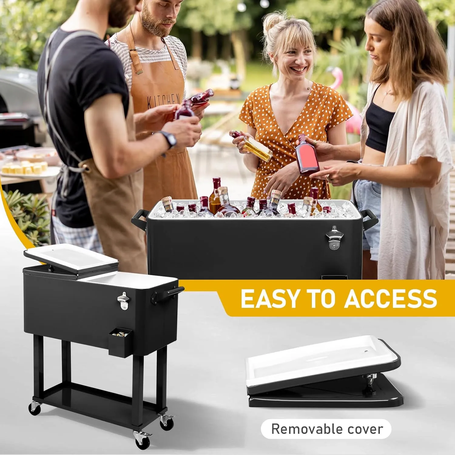 Outvita 80 Quart Rolling Ice Chest, Portable Bar Drink Cooler with Catch Basin, Bottom Storage Tray and Bottle Opener for Patio Party BBQ Beach Activities