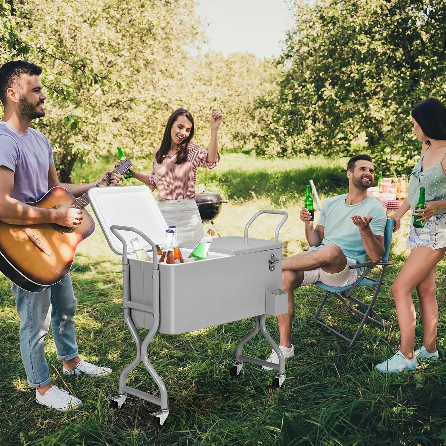 Outvita 80 Quart Rolling Ice Chest, Portable Bar Drink Cooler with Catch Basin, Bottom Storage Tray and Bottle Opener for Patio Party BBQ Beach Activities