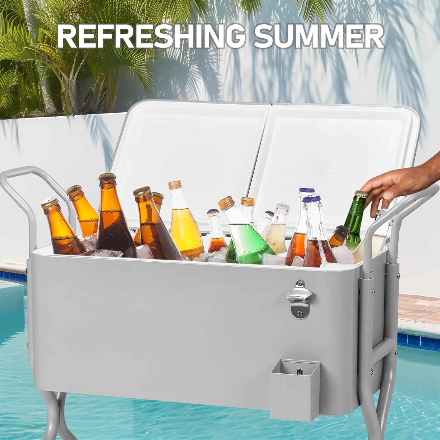 Outvita 80 Quart Rolling Ice Chest, Portable Bar Drink Cooler with Catch Basin, Bottom Storage Tray and Bottle Opener for Patio Party BBQ Beach Activities