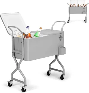 Outvita 80 Quart Rolling Ice Chest, Portable Bar Drink Cooler with Catch Basin, Bottom Storage Tray and Bottle Opener for Patio Party BBQ Beach Activities