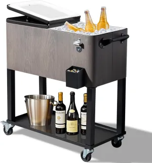 Outvita 80 Quart Rolling Ice Chest, Portable Bar Drink Cooler with Catch Basin, Bottom Storage Tray and Bottle Opener for Patio Party BBQ Beach Activities