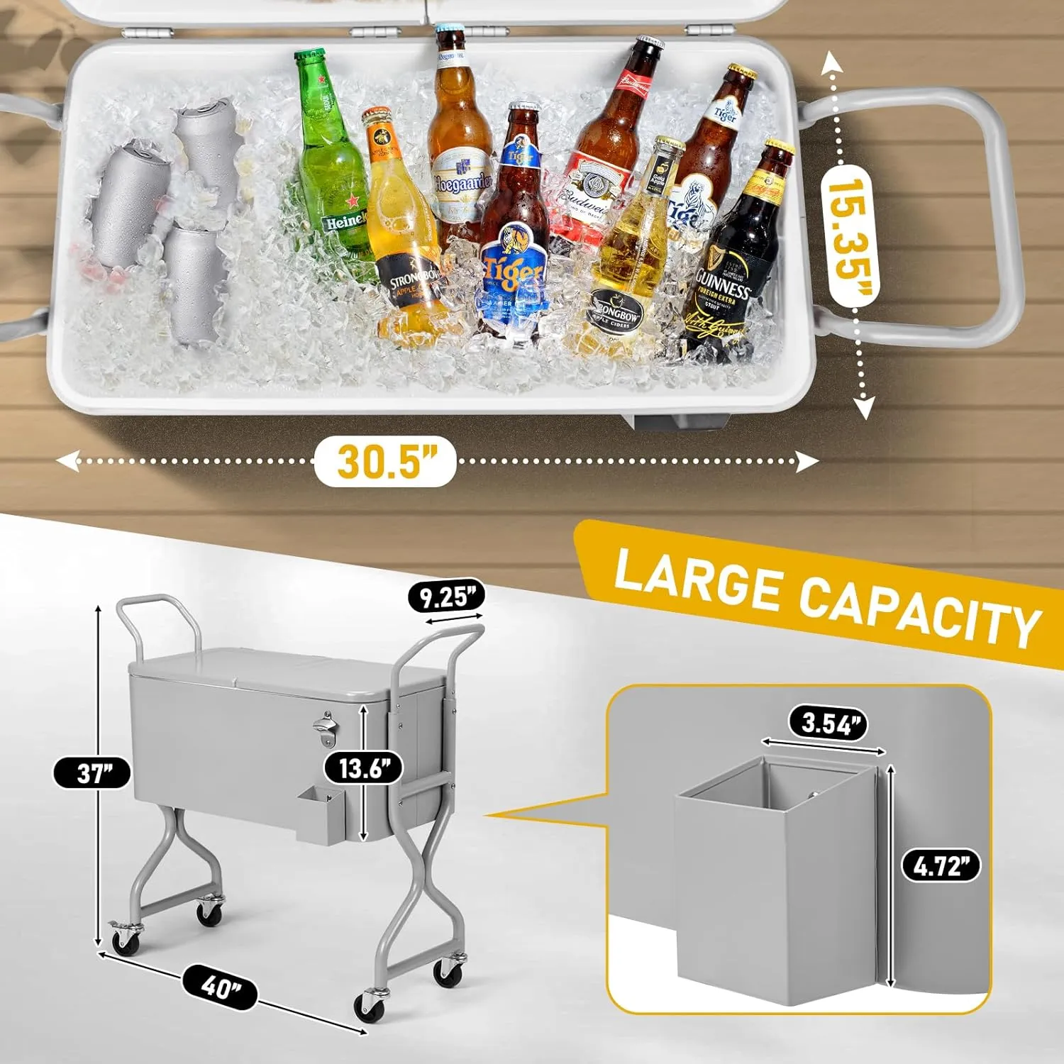 Outvita 80 Quart Rolling Ice Chest, Portable Bar Drink Cooler with Catch Basin, Bottom Storage Tray and Bottle Opener for Patio Party BBQ Beach Activities