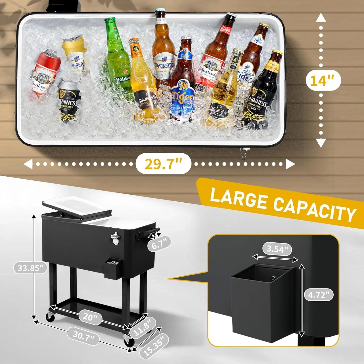 Outvita 80 Quart Rolling Ice Chest, Portable Bar Drink Cooler with Catch Basin, Bottom Storage Tray and Bottle Opener for Patio Party BBQ Beach Activities