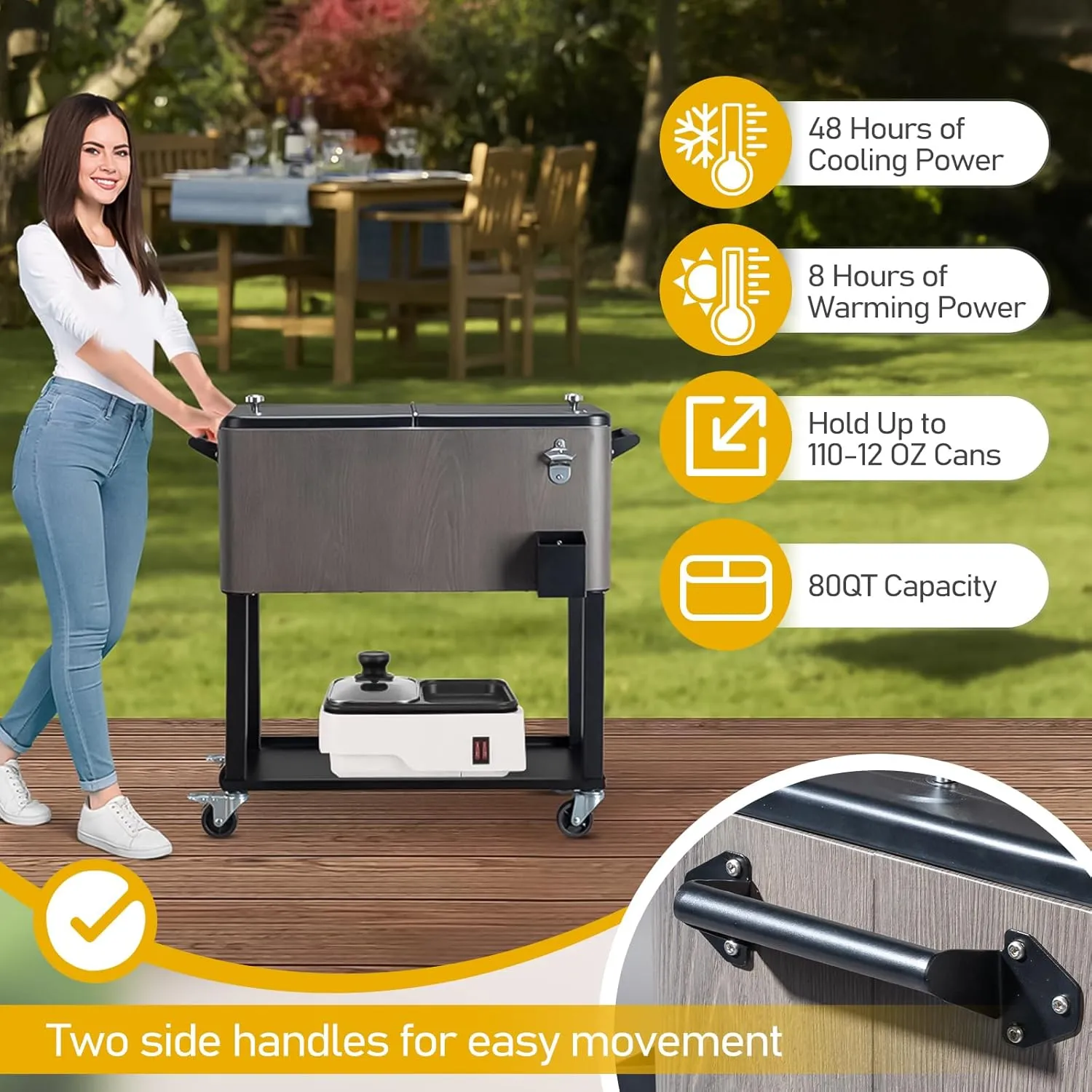 Outvita 80 Quart Rolling Ice Chest, Portable Bar Drink Cooler with Catch Basin, Bottom Storage Tray and Bottle Opener for Patio Party BBQ Beach Activities
