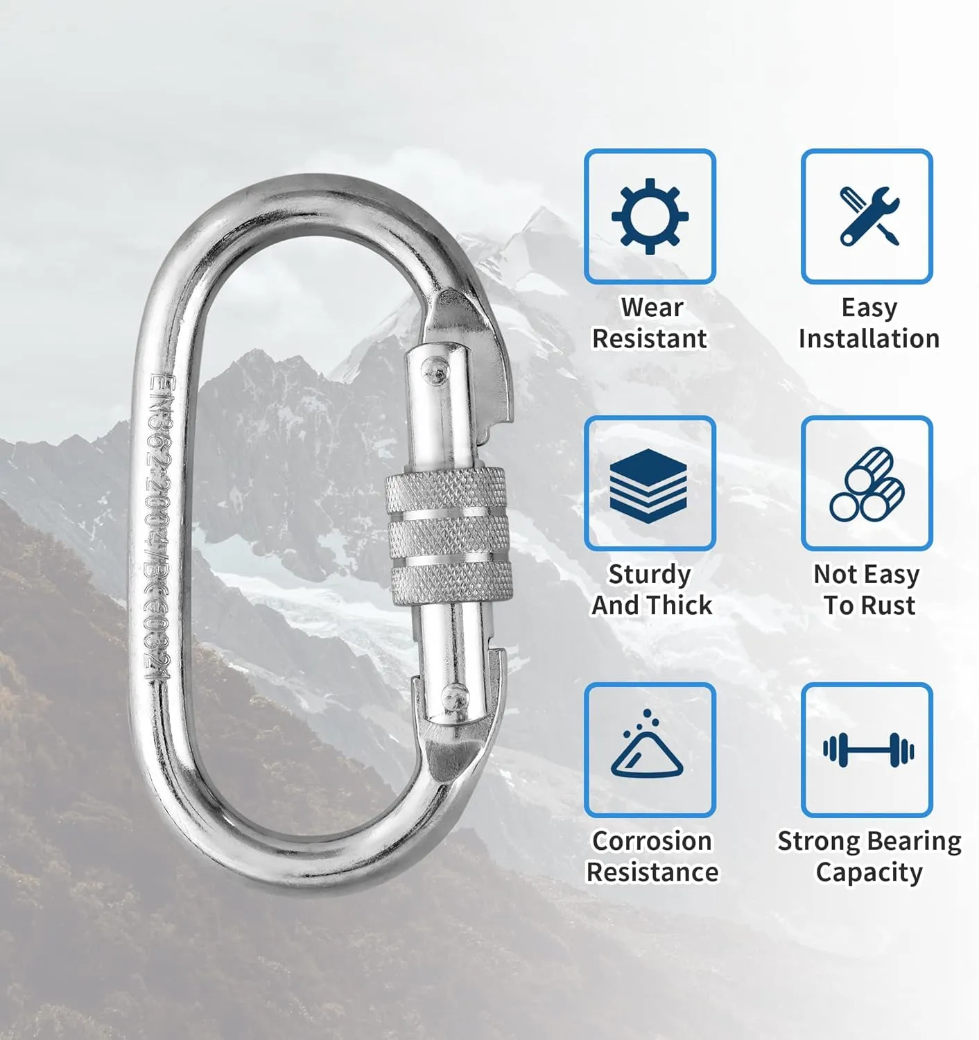 Oval Indoor Outdoor Climbing Carabiner, Screw Locking Heavy Duty Safety Caribeener Clips, 25 KN (5600 LBS) for Hammock, Rope, Hiking, Camping