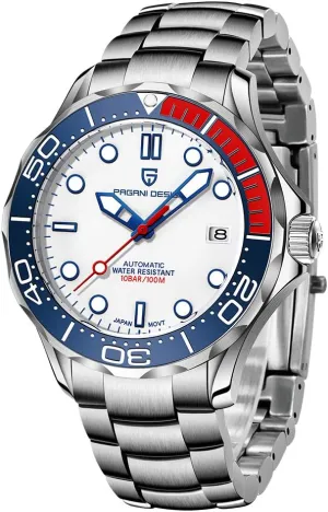 Pagani Design 007-Model Automatic Diving Watches for Men NH35 Movement, Stainless Steel Materials, Rotating Ceramic Bezel, Sapphire Domed Mirror, 100M Waterproof Mechancial Self Winding Wrist Watch