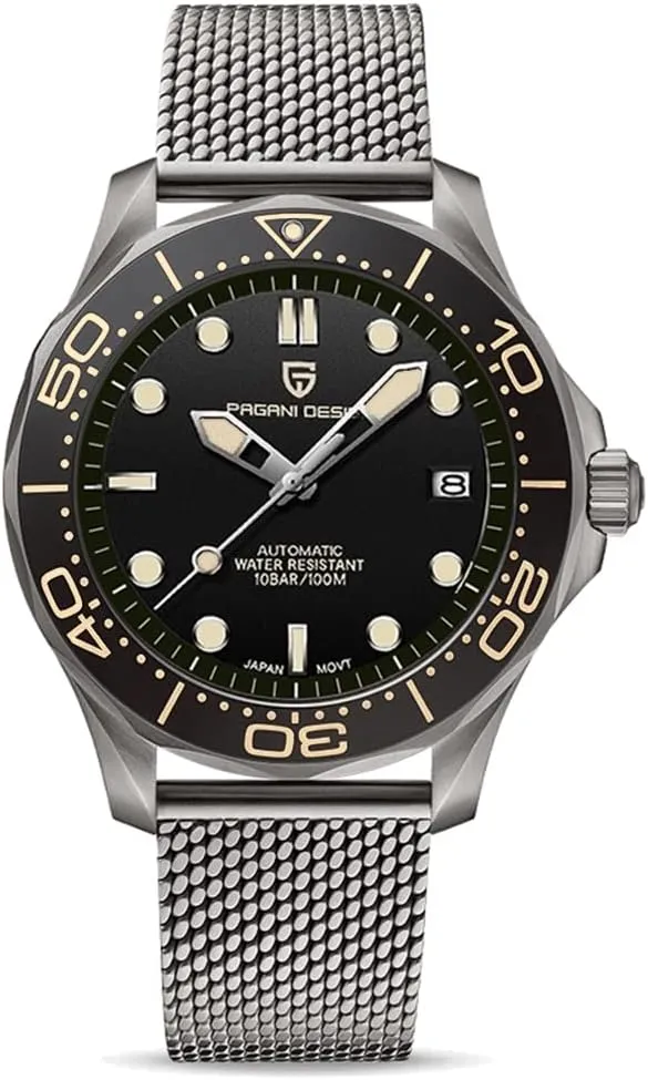Pagani Design 007-Model Automatic Diving Watches for Men NH35 Movement, Stainless Steel Materials, Rotating Ceramic Bezel, Sapphire Domed Mirror, 100M Waterproof Mechancial Self Winding Wrist Watch