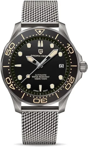 Pagani Design 007-Model Automatic Diving Watches for Men NH35 Movement, Stainless Steel Materials, Rotating Ceramic Bezel, Sapphire Domed Mirror, 100M Waterproof Mechancial Self Winding Wrist Watch
