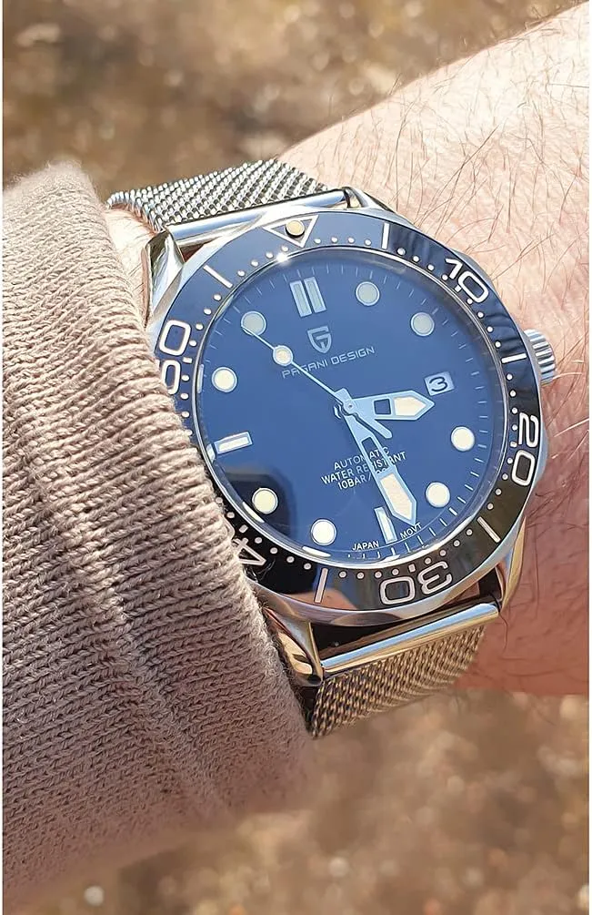 Pagani Design 007-Model Automatic Diving Watches for Men NH35 Movement, Stainless Steel Materials, Rotating Ceramic Bezel, Sapphire Domed Mirror, 100M Waterproof Mechancial Self Winding Wrist Watch