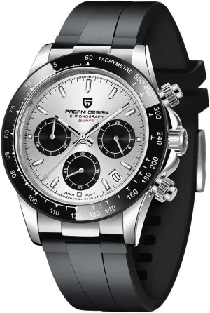Pagani Design 1664 Men's Watches, VK63 Quartz Movement Rubber Strap 100M Waterproof Panda-Dial Wristwatch Chronograph