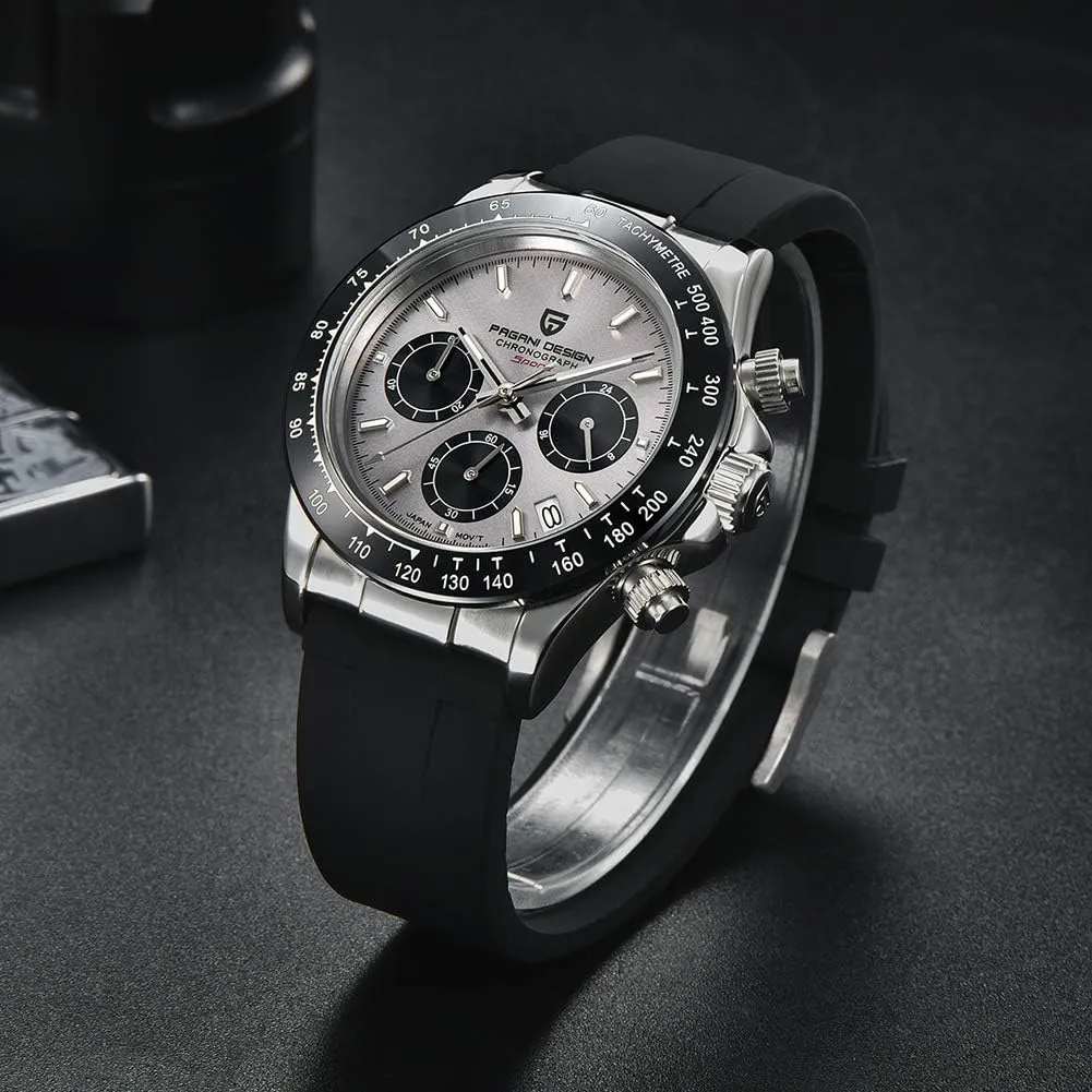 Pagani Design 1664 Men's Watches, VK63 Quartz Movement Rubber Strap 100M Waterproof Panda-Dial Wristwatch Chronograph