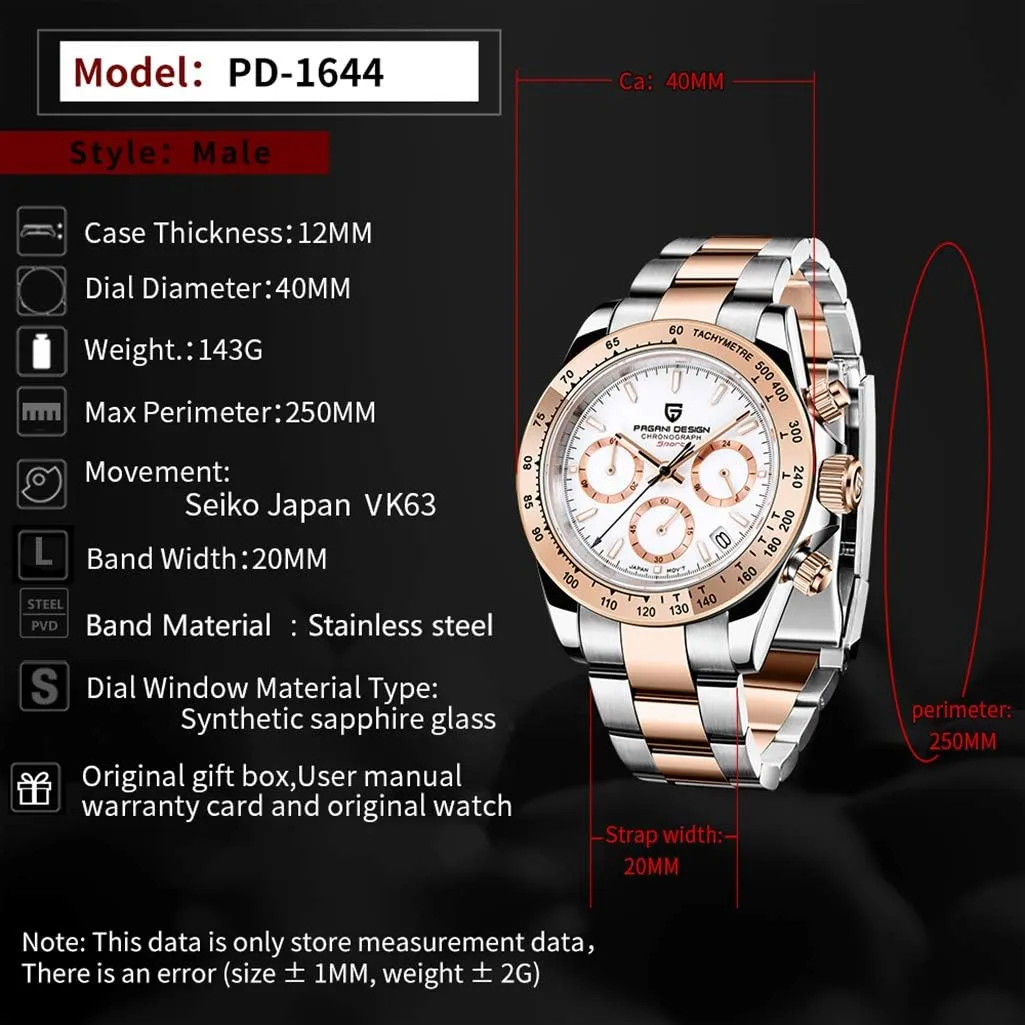 Pagani Design Daytona Homage Men's Quartz Watches Japan Movement Ceramic Bezel Stainless Steel Band Screw-in Crown Waterproof Sport Chronograph Watch