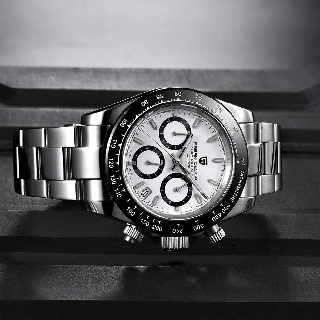Pagani Design Daytona Homage Men's Quartz Watches Japan Movement Ceramic Bezel Stainless Steel Band Screw-in Crown Waterproof Sport Chronograph Watch
