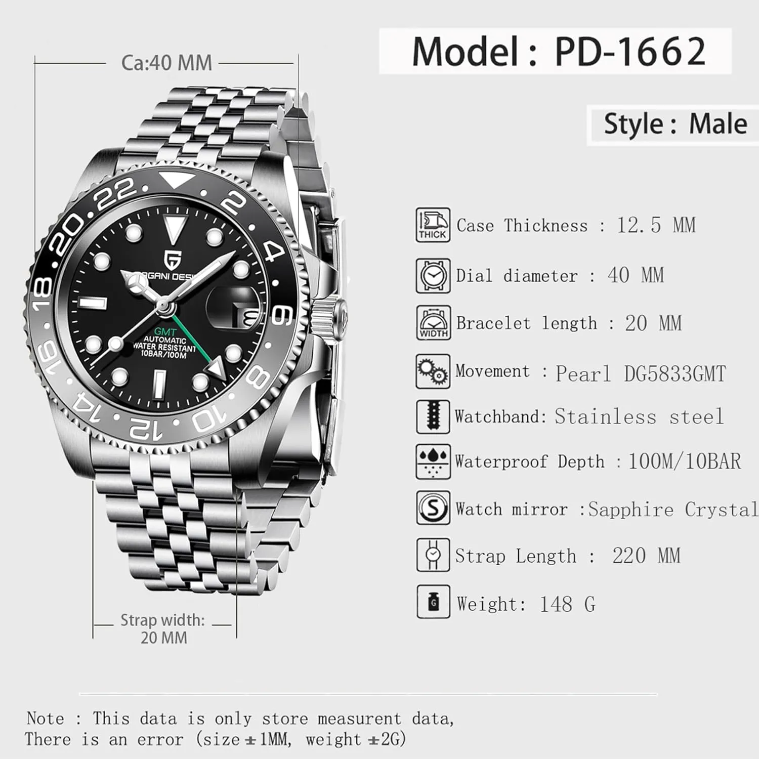 Pagani Design GMT Automatic Mechanical Men's Watch Rotating Ceramic Bezel Stainless Steel Watch with Date Function Men's Sport Watch