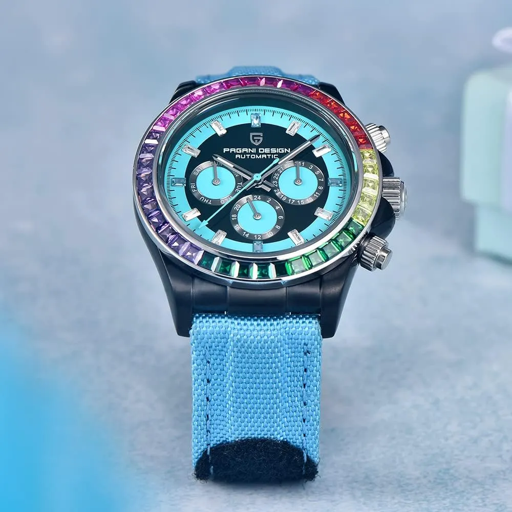 PAGANI DESIGN Luxury Men's Automatic Mechanical Watch 40mm Synthetic Sapphire Rainbow Bezel Crystal Diamond Leather Nylon Strap Waterproof Sport WristWatch
