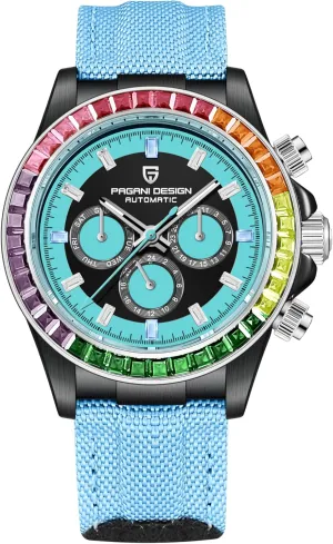 PAGANI DESIGN Luxury Men's Automatic Mechanical Watch 40mm Synthetic Sapphire Rainbow Bezel Crystal Diamond Leather Nylon Strap Waterproof Sport WristWatch