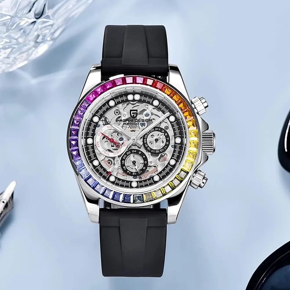 Pagani Design Luxury Men's Automatic Mechanical Watches Skeleton Dial Stainless Steel Rainbow Bezel Rubber Strap 100M Waterproof Sports Wristwatch