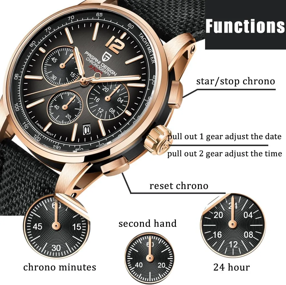 Pagani Design Men's Watch, Quartz Chronograph, 100M Water Resistant Stainless Steel Case, 40mm Dial Diameter, Sapphire Glass, Nylon Strap, Sporty Casual