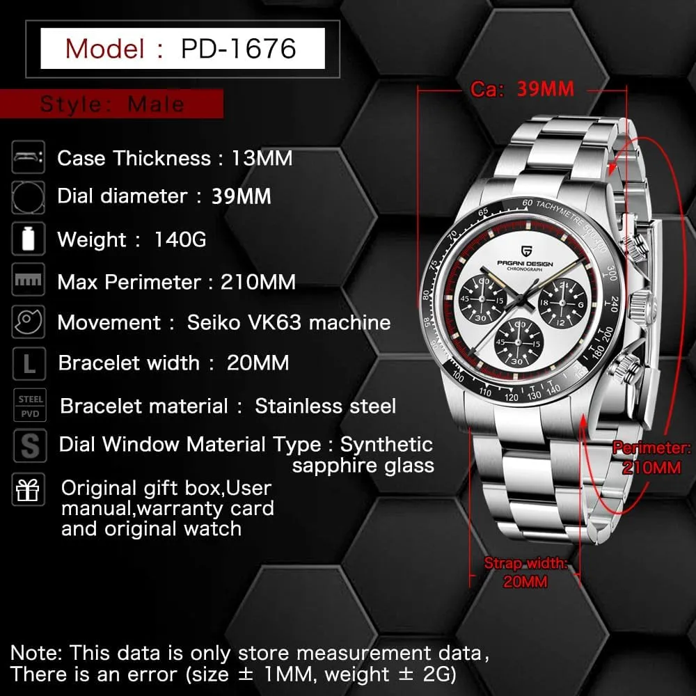 Pagani Design Men's Watches Sapphire Stainless Steel 100M Waterproof Luxury 40mm Sports Quartz Chronograph Wrist Watches