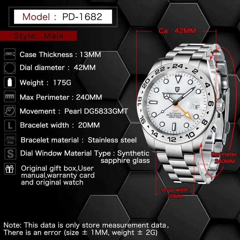 Pagani Design Watches Men GMT Automatic Self-Winding Mechanical Analog Sapphire Sports Waterproof Luminous Wrist Watch