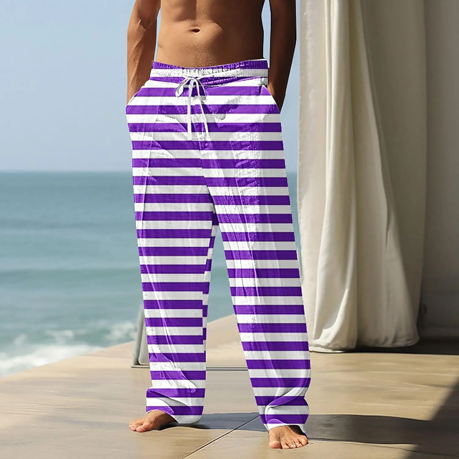 Pants for Men Casual Linen Stripe Camo Drawstring Wide Leg Trousers Loose Fit Breathable Hawaii Beach Vacation Pants
