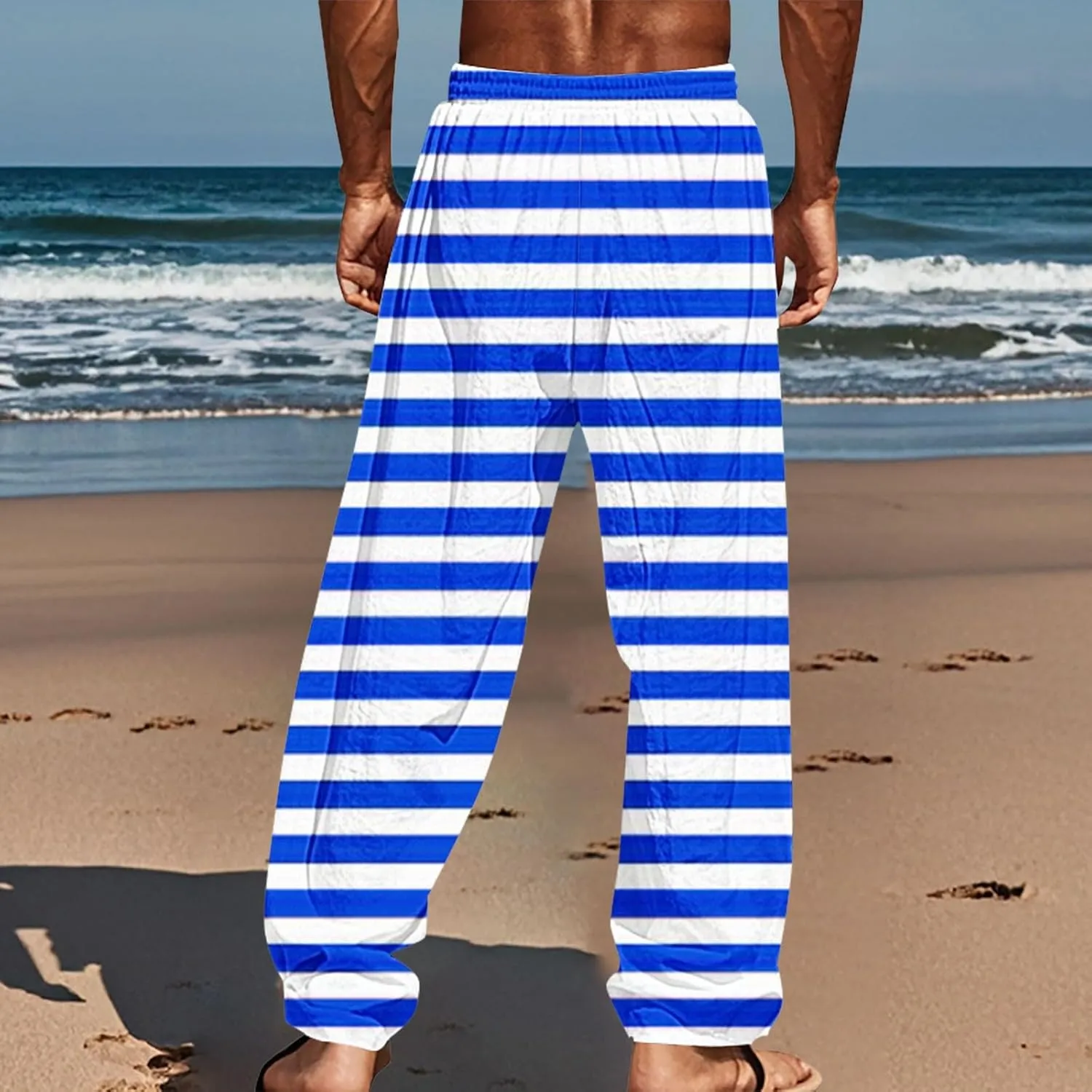 Pants for Men Casual Linen Stripe Camo Drawstring Wide Leg Trousers Loose Fit Breathable Hawaii Beach Vacation Pants
