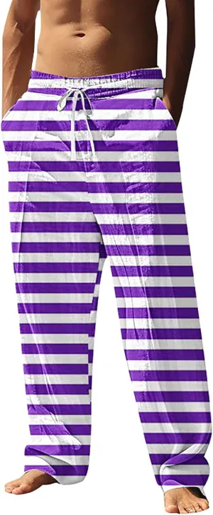 Pants for Men Casual Linen Stripe Camo Drawstring Wide Leg Trousers Loose Fit Breathable Hawaii Beach Vacation Pants